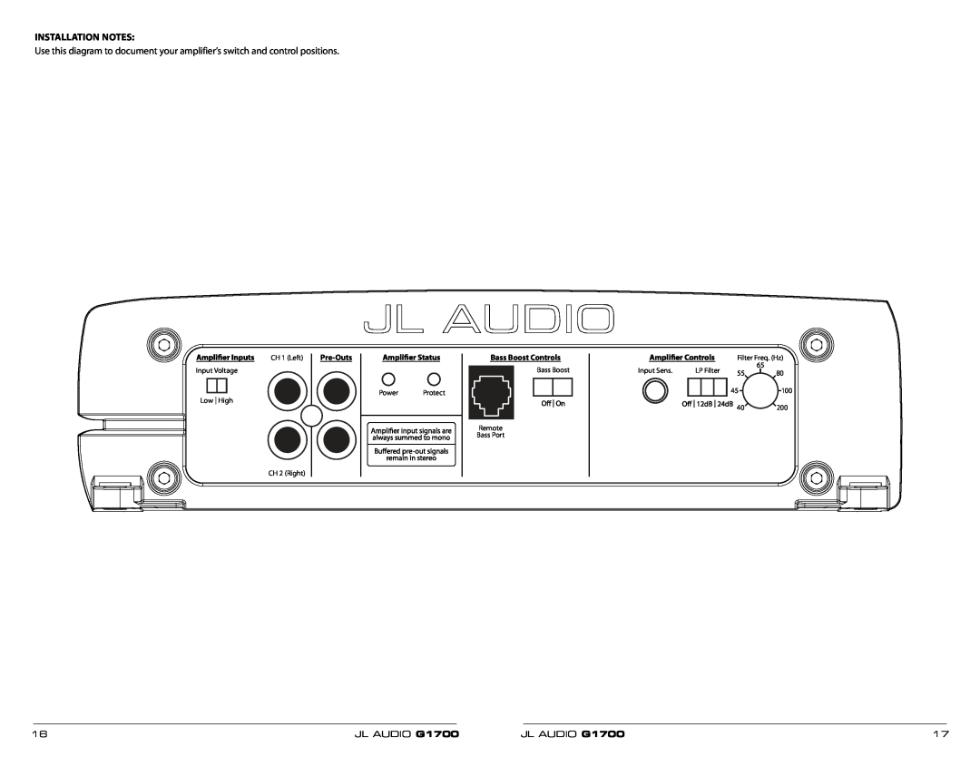 JL Audio G1700 owner manual Installation Notes, Pre-Outs, Bass Boost Controls 